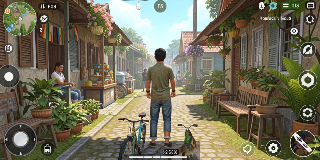Tampilan gameplay F08 yang menampilkan simulasi kehidupan sehari-hari.