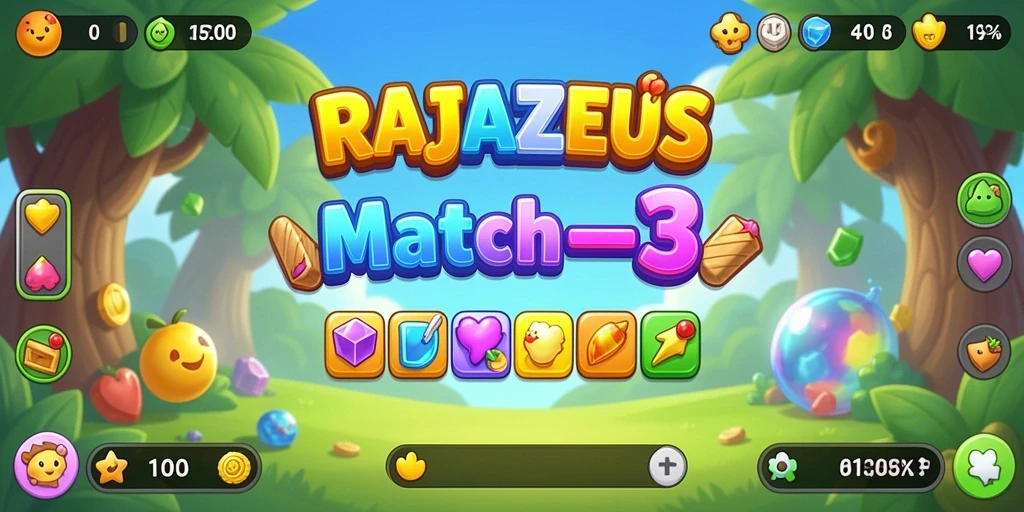 Screenshot gameplay RAJAZEUS menampilkan aksi pencocokan elemen.
