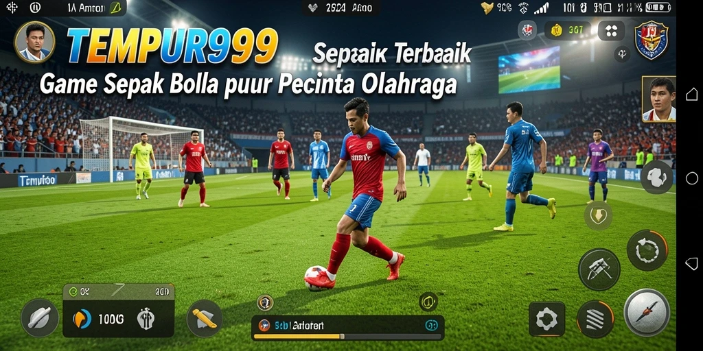 Tangkapan layar utama TEMPUR99 menampilkan aksi seru di lapangan sepak bola.