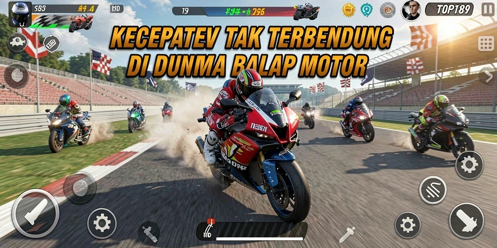 Screenshot utama dari gameplay TOPI189 yang menunjukkan aksi balap motor.